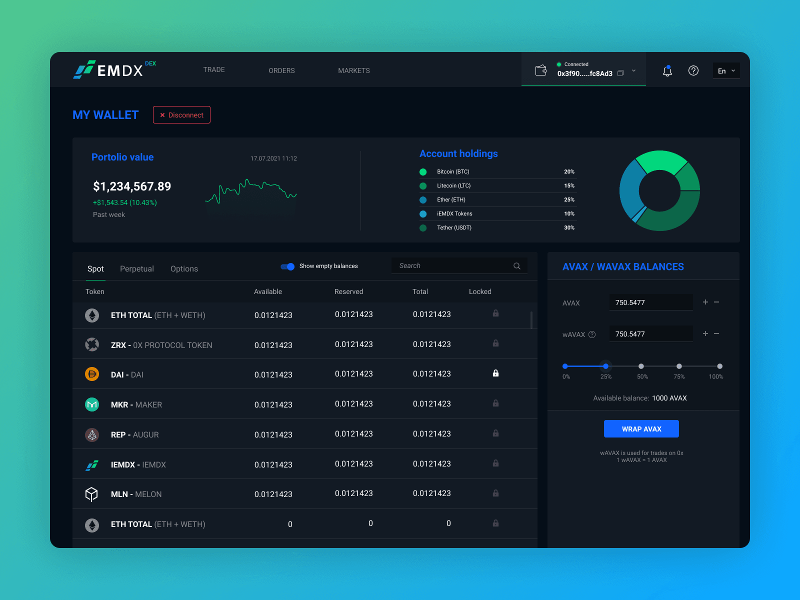 Portfolio Overview and Wallet Screen for EMDX Exchange