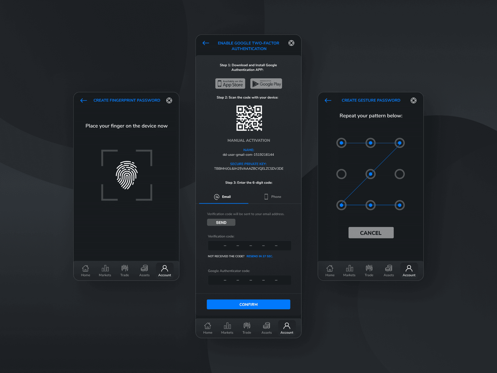 Authentication Methods UI for DueDEX Exchange