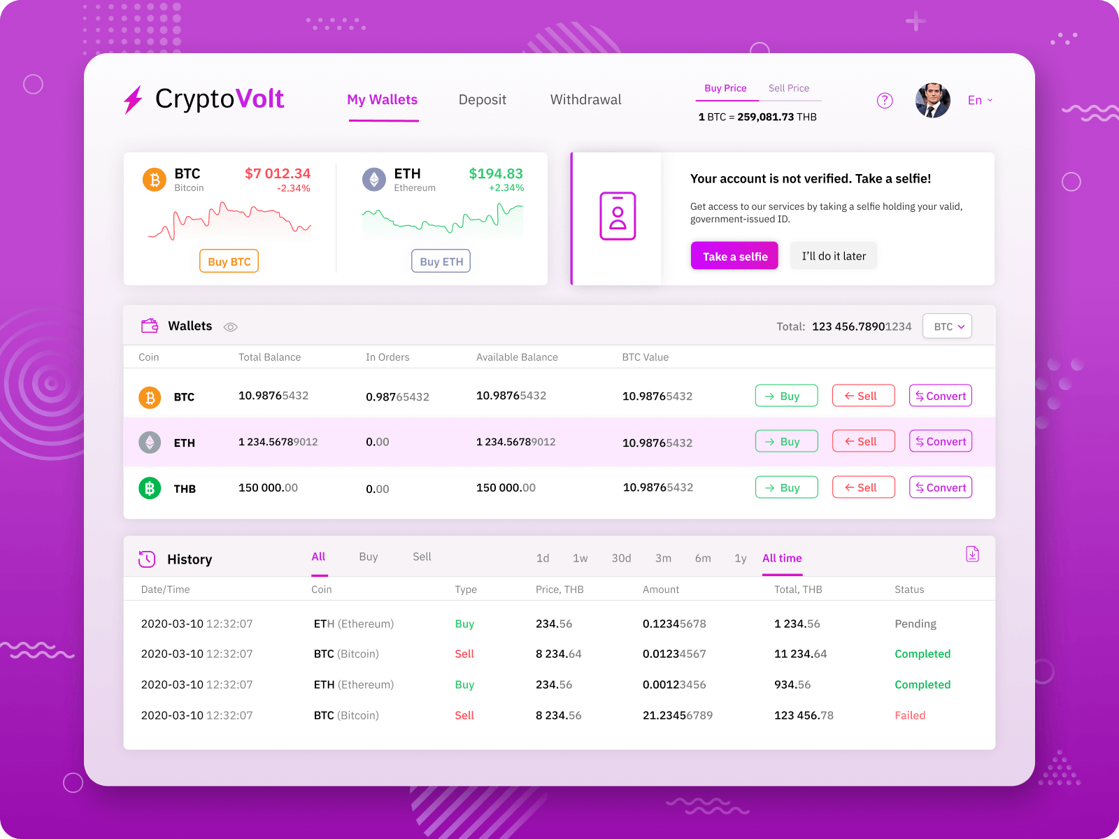 User Account Dashboard for CryptoVolt DEX