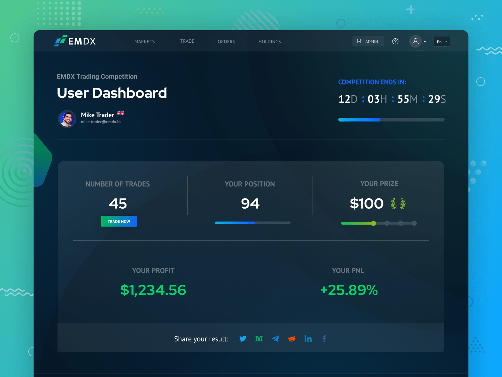 Trading Competition User Dashboard for EMDX Crypto DEX