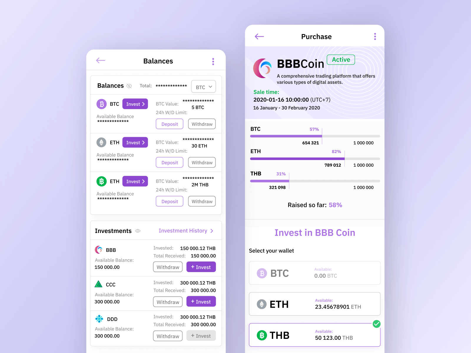 Balance Overview and Token Purchase Screens for evoBit Launchpad