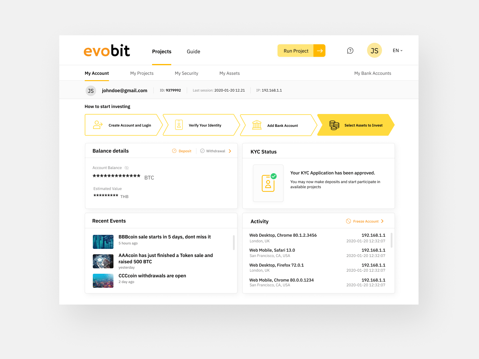 Account Summary Screen for evoBit Token Launchpad