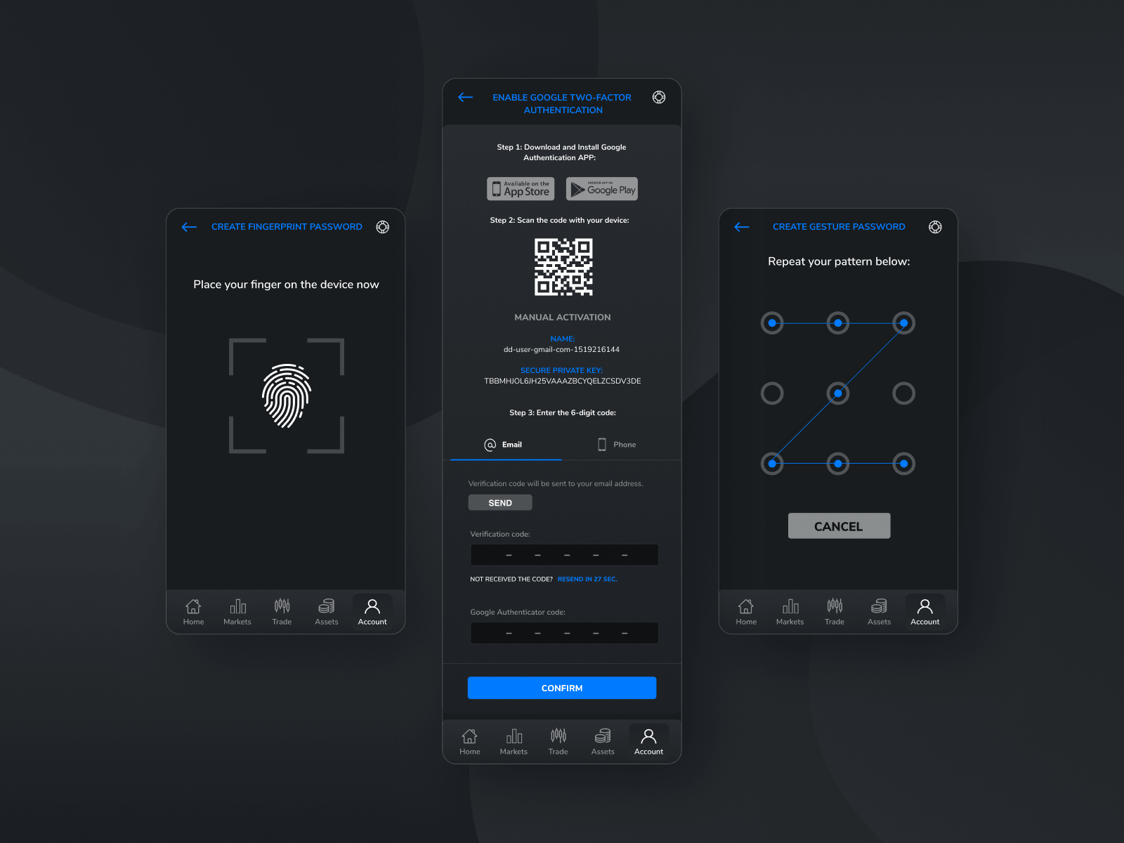 Authentication Methods UI for DueDEX Exchange