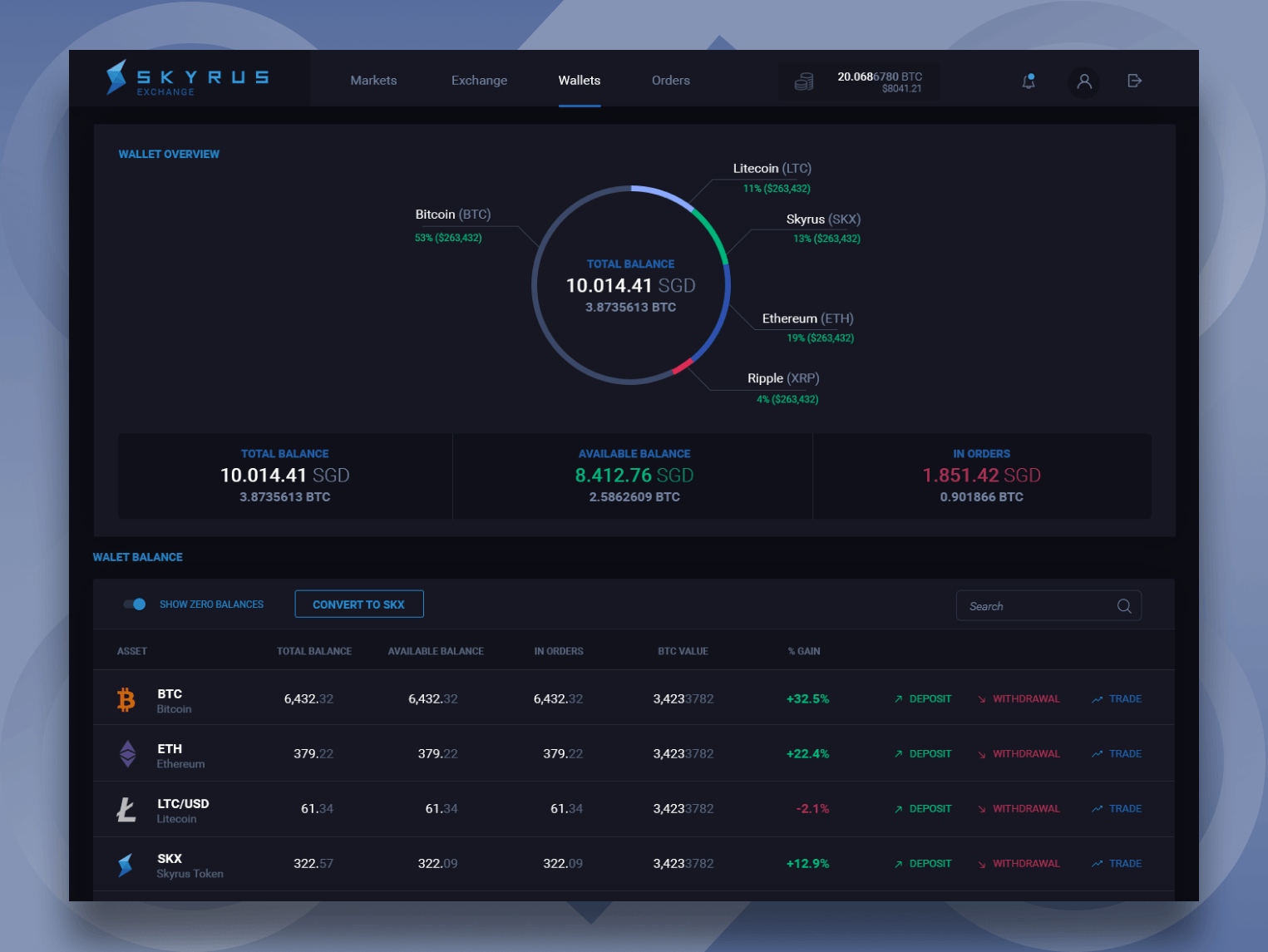 Account Wallet Dashboard for Skyrus Exchange