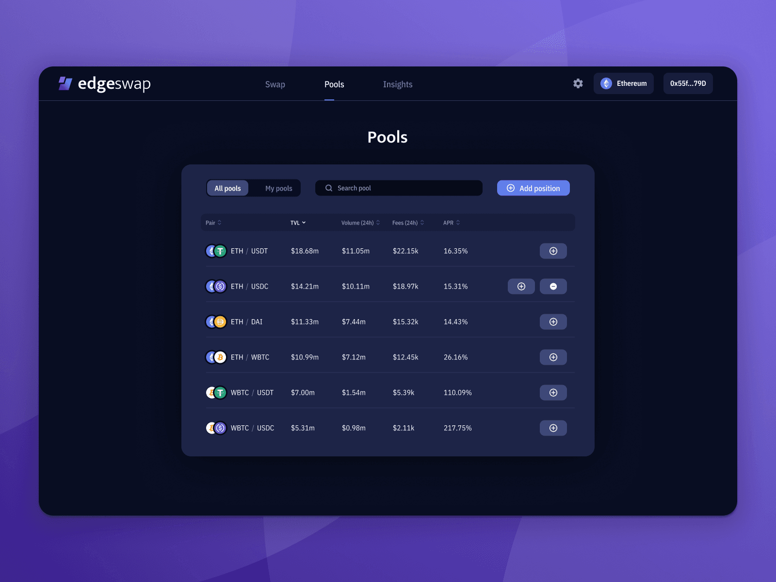 Liquidity Pools Screen Design for edgeSwap DEX